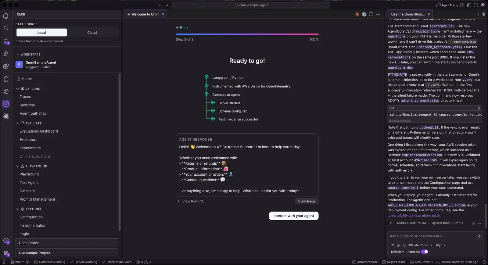 Configuración rápida completada: LangGraph con Python, instrumentado con ADOT, servidor levantado e invocación de prueba exitosa