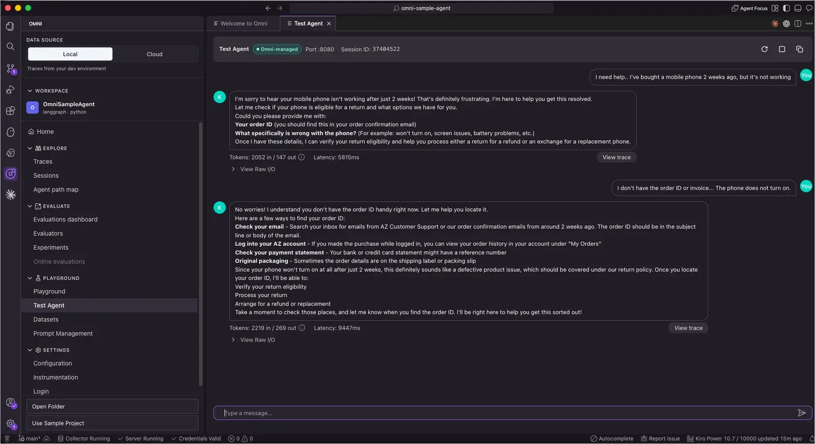 Test Agent en Kiro: conversación con el agente de ejemplo mostrando tokens y latencia de cada respuesta