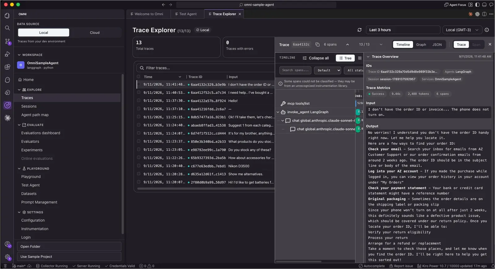 Trace Explorer con la lista de trazas, el árbol de spans y el resumen de la traza seleccionada