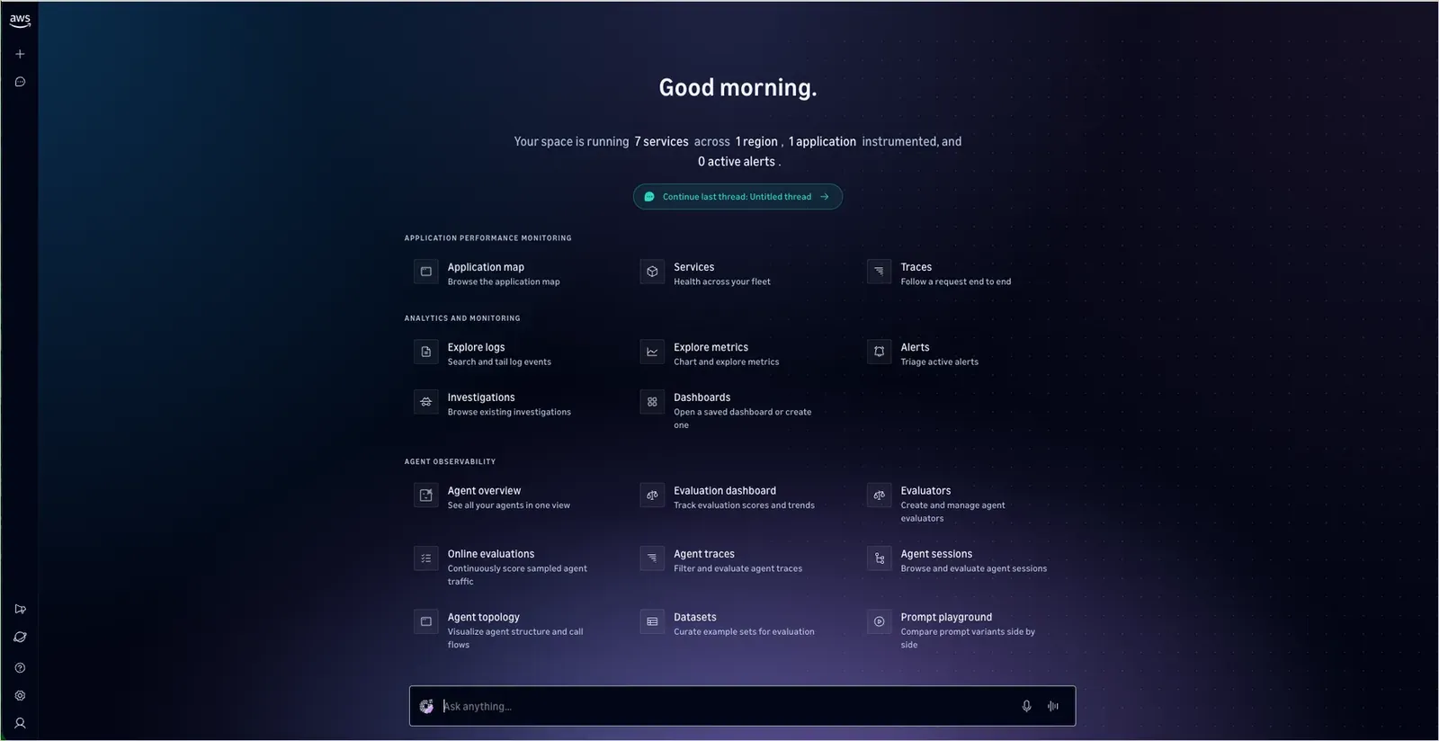 Home de la web UI de CloudWatch Omni con accesos a Application map, Services, Traces, logs, métricas, alertas, investigaciones, dashboards y observabilidad de agentes