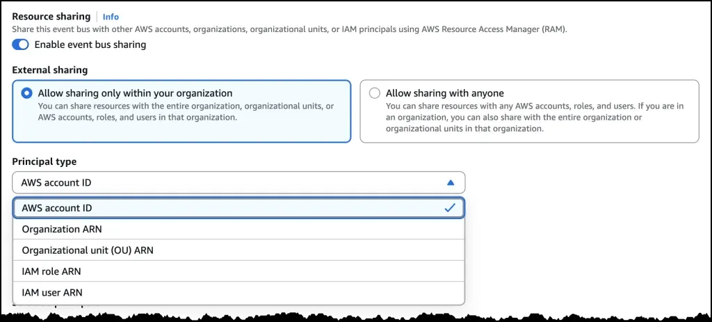 Configuración para compartir el bus con AWS Resource Access Manager eligiendo principales