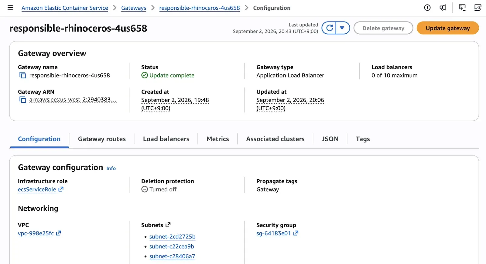 Detalle de un gateway en la consola de ECS con estado Update complete, tipo Application Load Balancer, 0 de 10 load balancers y pestañas de rutas, métricas y clústeres asociados