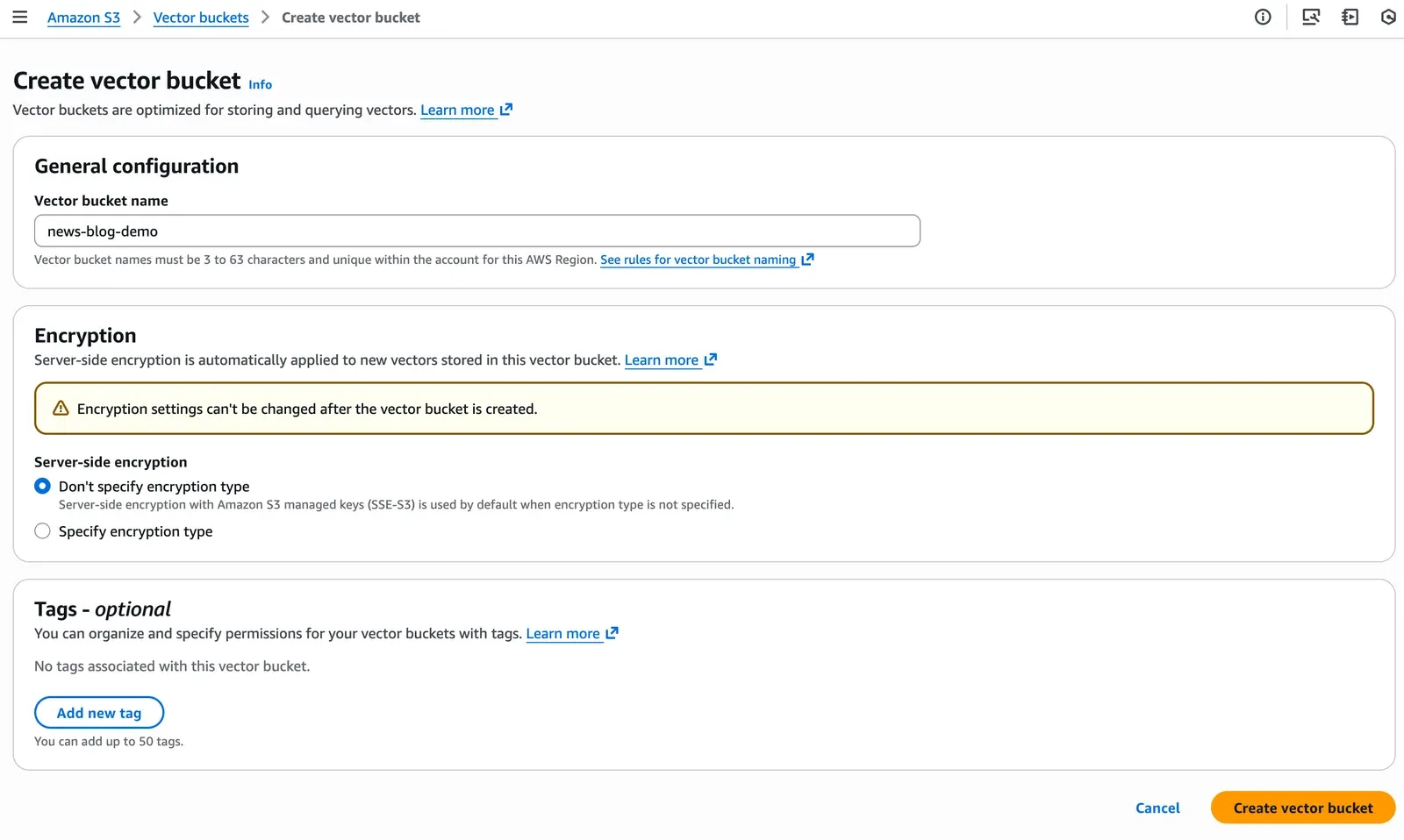 Pantalla Create vector bucket en la consola de Amazon S3 con nombre y configuración de cifrado
