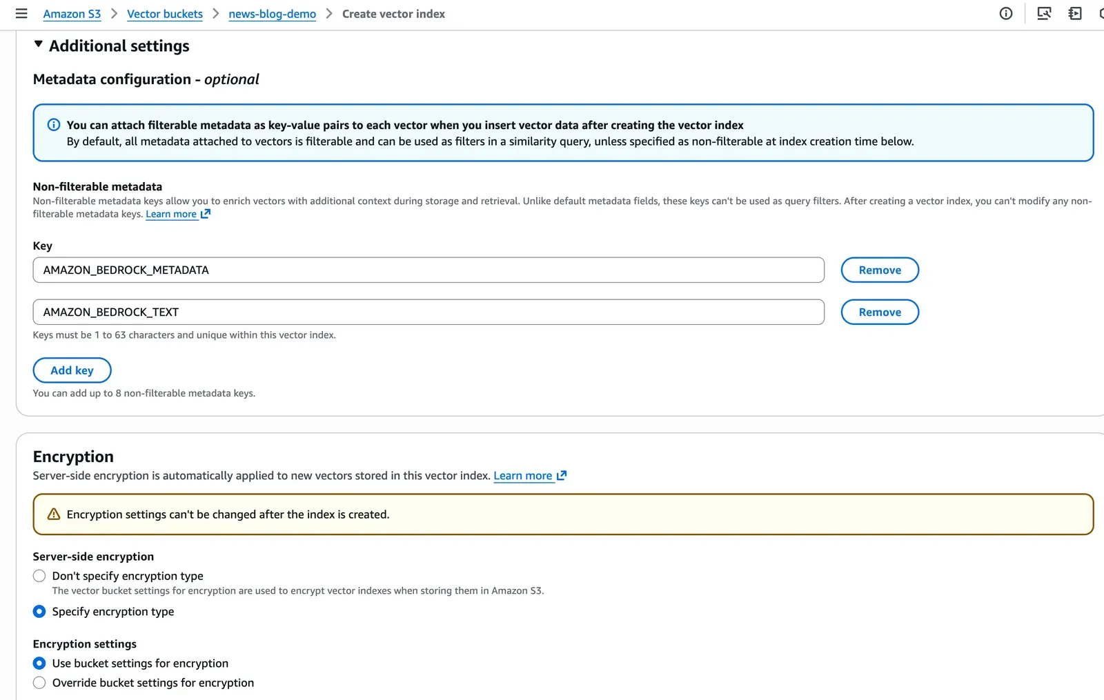 Formulario de creación de índice en la consola de S3 con claves de metadata no filtrable AMAZON_BEDROCK_TEXT y AMAZON_BEDROCK_METADATA