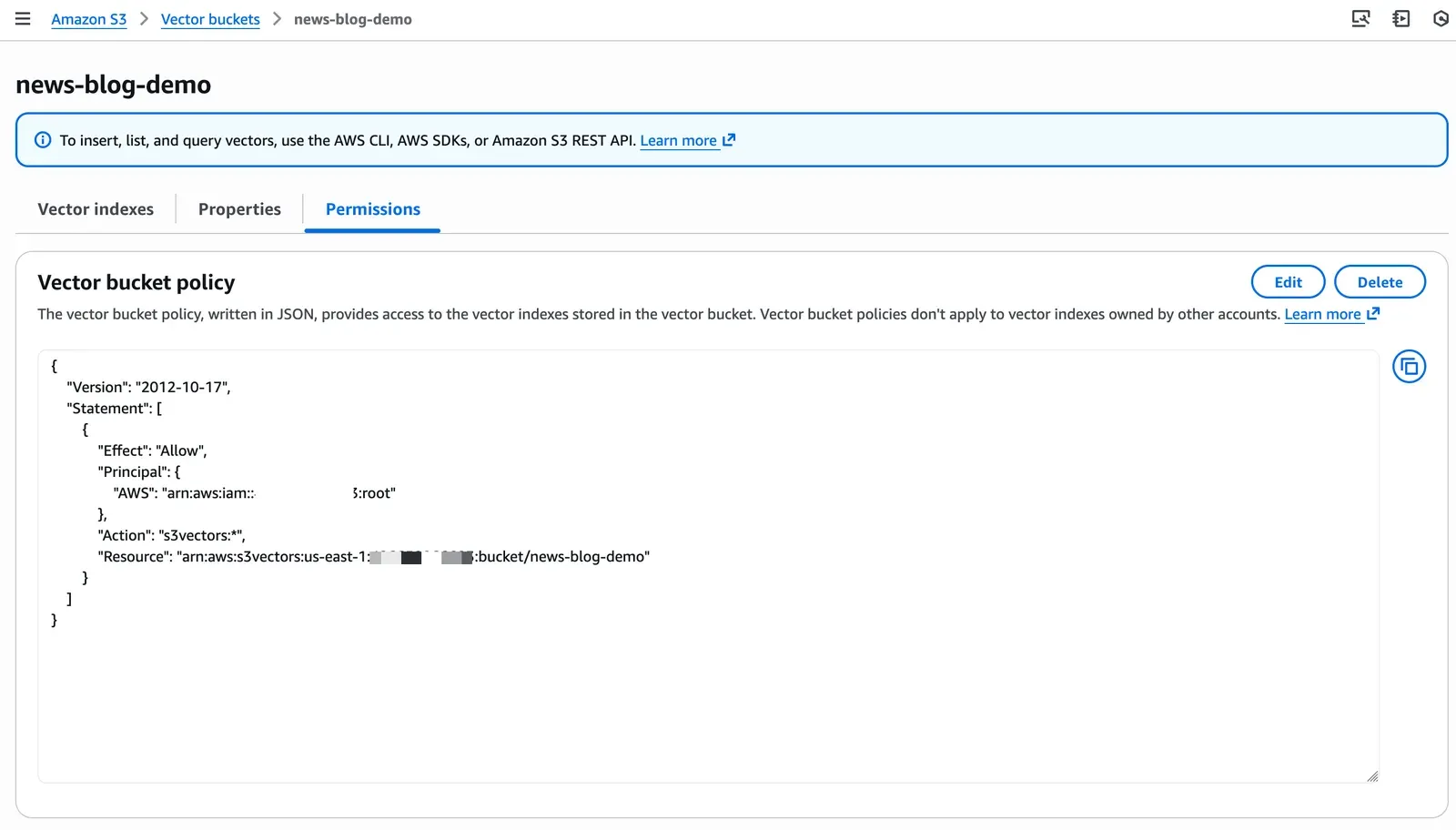 Pestaña Permissions de un vector bucket en la consola de S3 mostrando una política de bucket en JSON