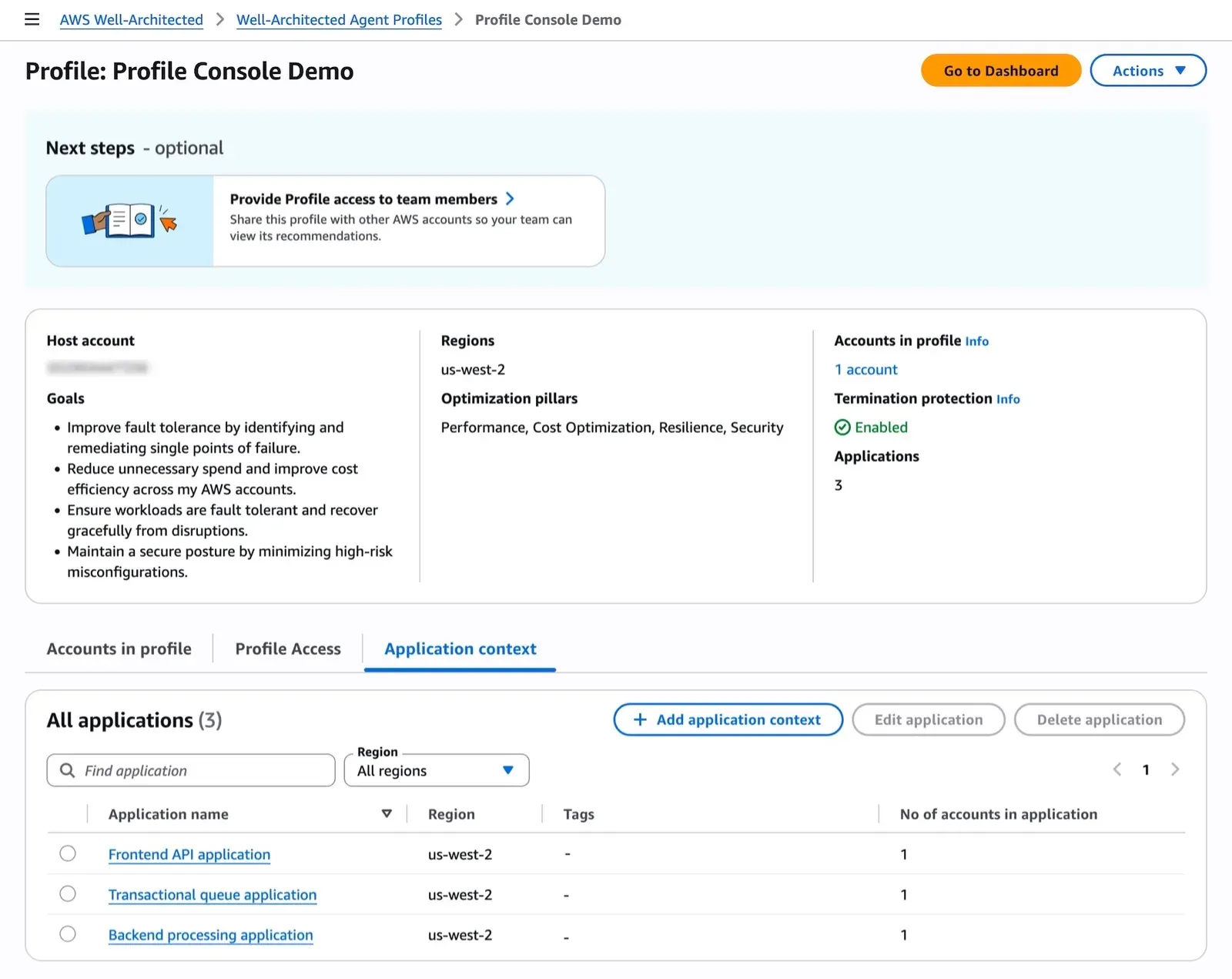Detalle de un perfil con objetivos, regiones, pilares y la pestaña Application context con tres aplicaciones