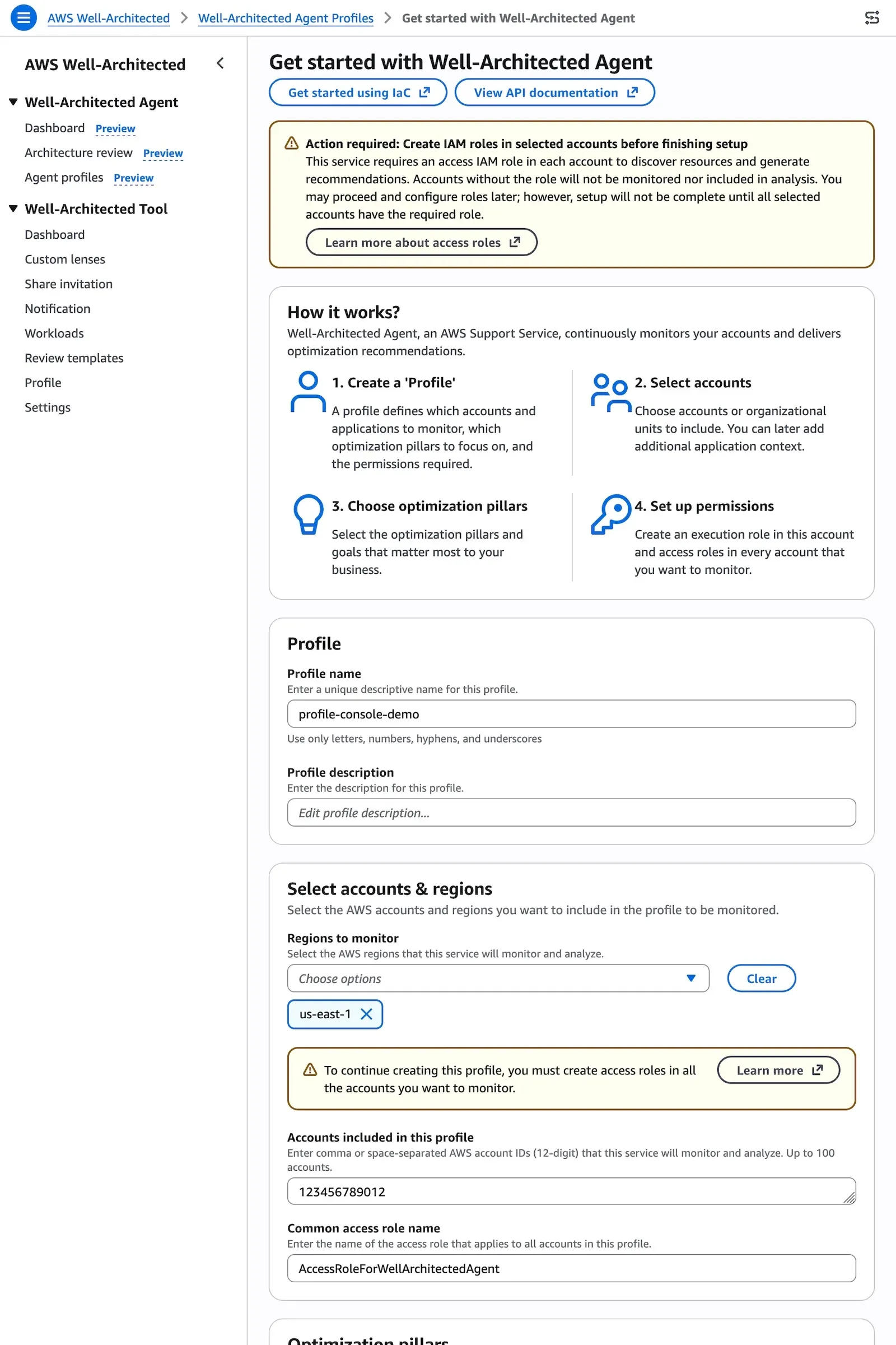 Pantalla Get started with Well-Architected Agent en la consola, con el nombre del perfil, regiones, cuentas, pilares con objetivos y rol de ejecución