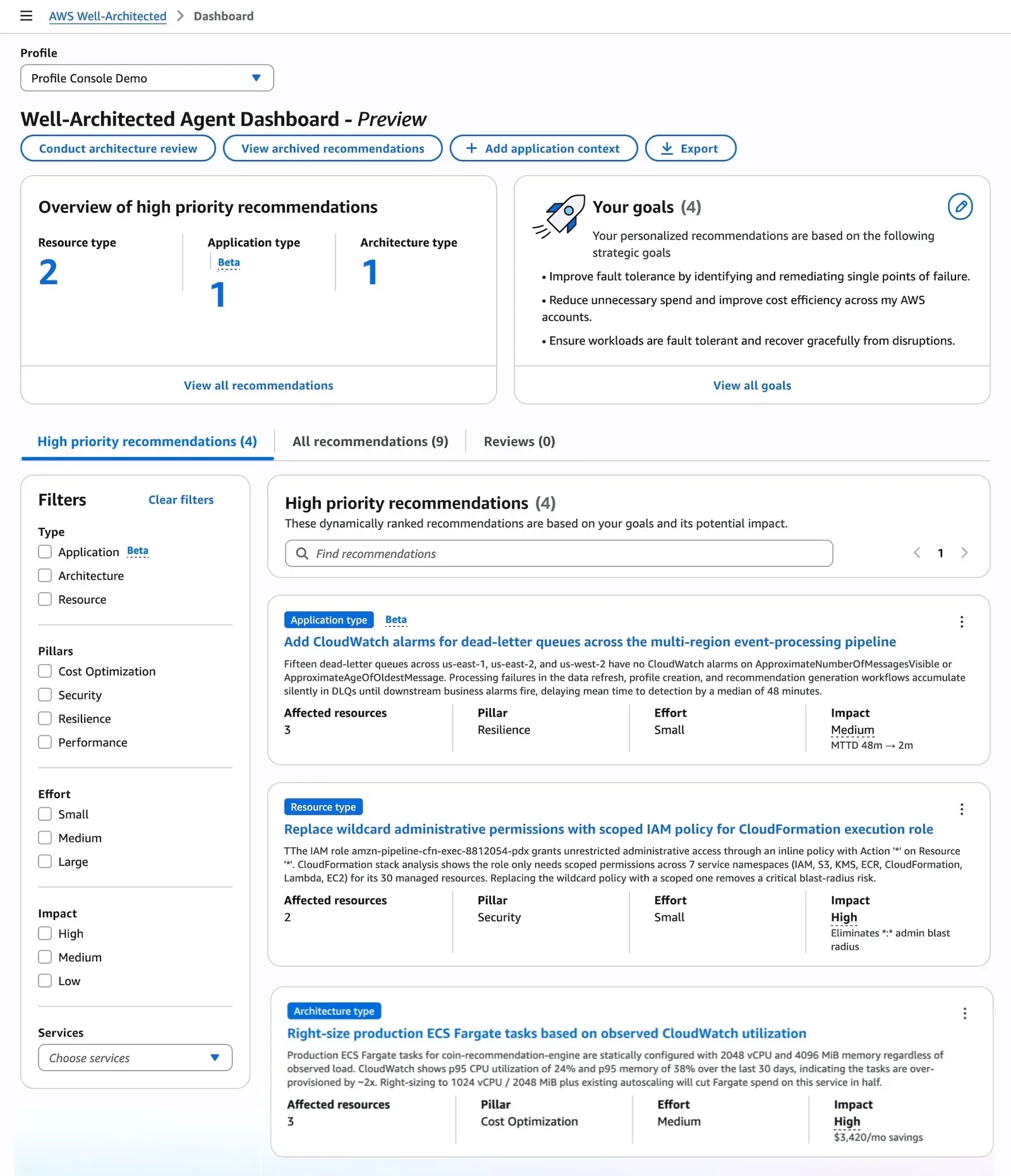 Dashboard de Well-Architected Agent con recomendaciones de alta prioridad, objetivos del perfil y filtros por tipo, pilar, esfuerzo, impacto y servicio