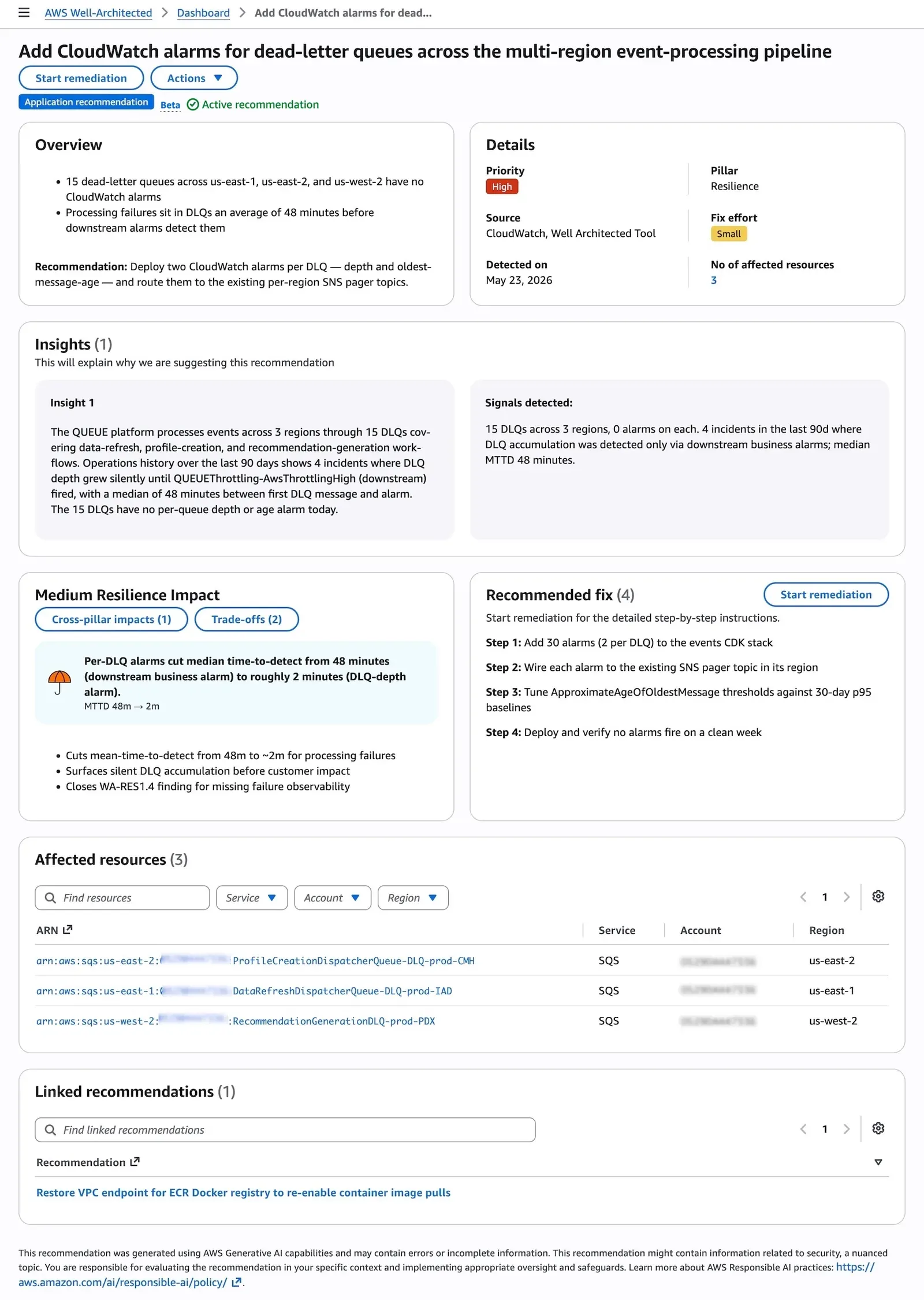 Detalle de una recomendación de resiliencia sobre alarmas de CloudWatch para colas DLQ, con insights, impacto, pasos de arreglo y recursos afectados